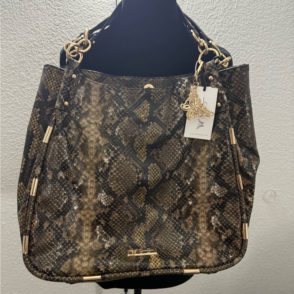 Jessica Simpson Snake-Print Tote Bag with Gold Hardware Python Print NWT Large